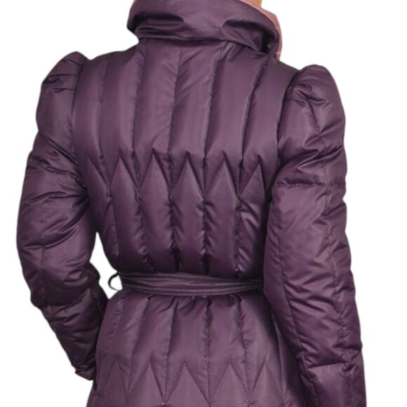 Vintage Quilted Puffer Coat Purple Duck Goose Down Long Midi Puff Sleeves Small - Picture 5 of 16